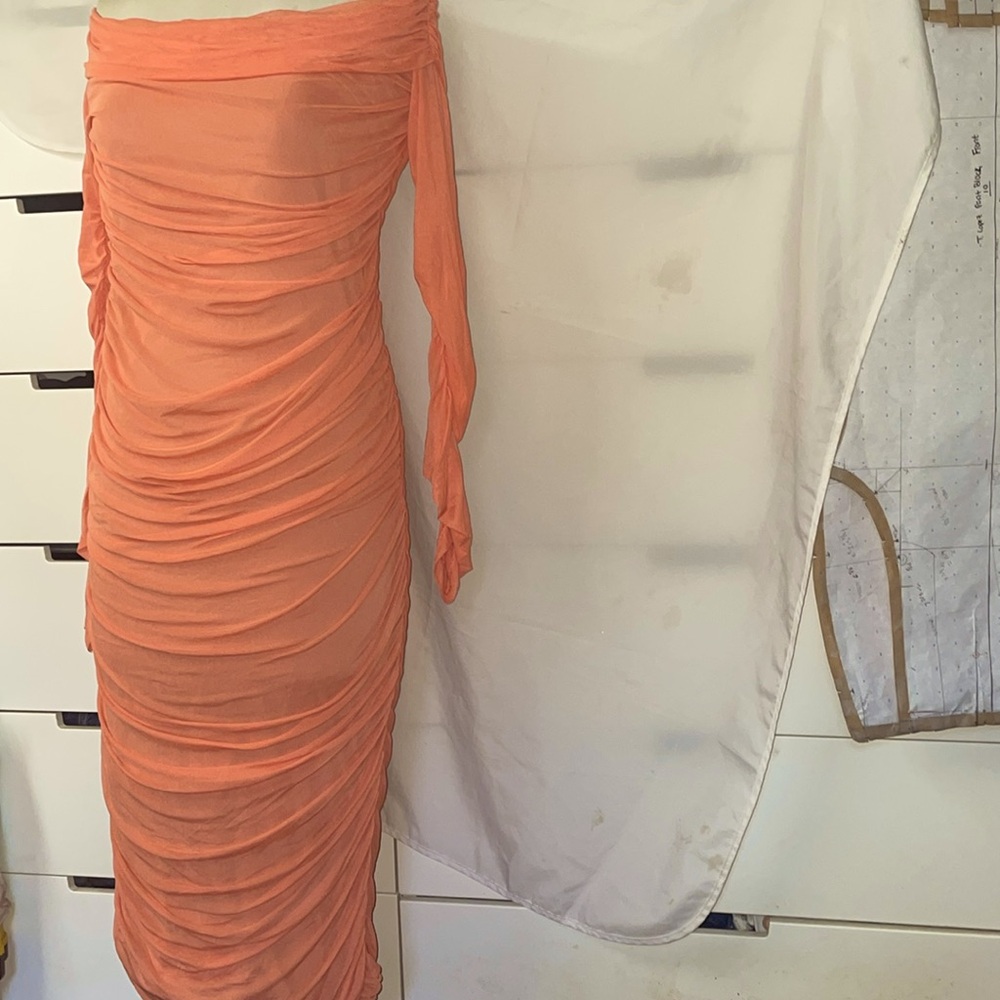 Mesh ruched bodycon dress off the shoulders